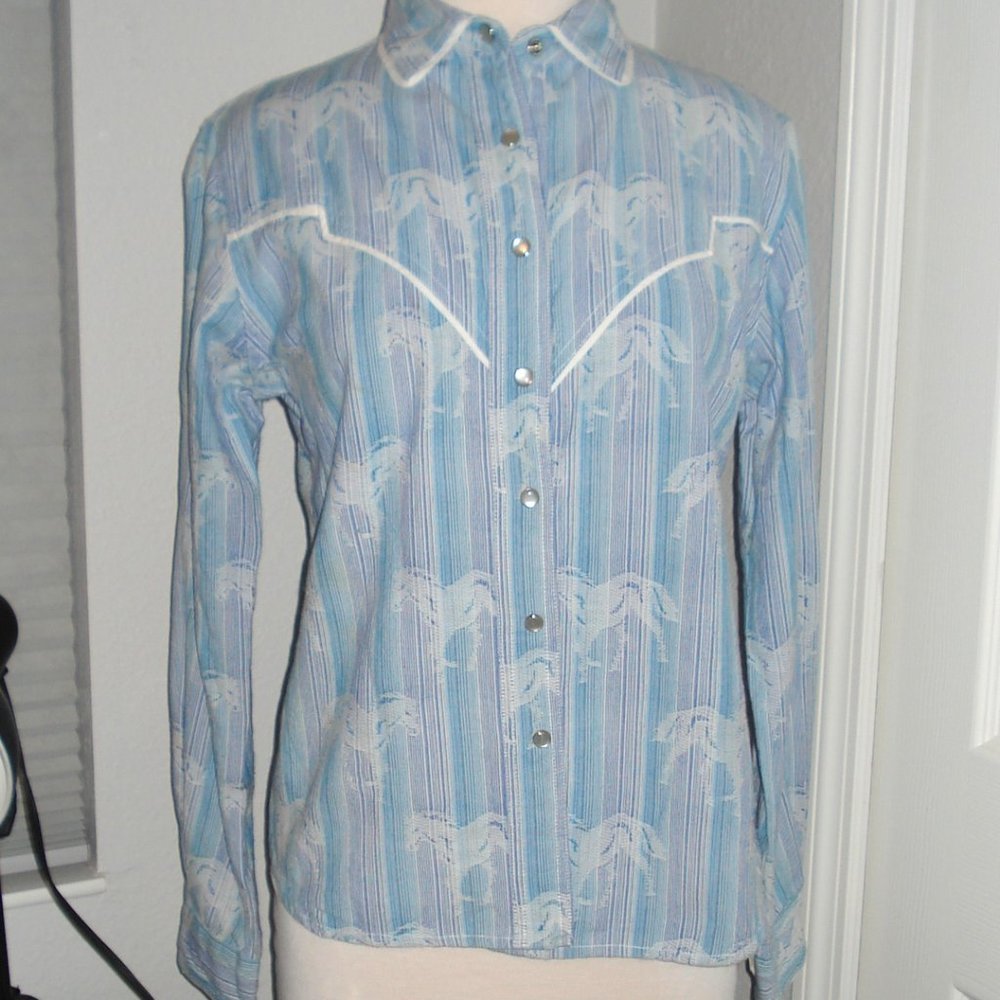Adobe Rose Womens Western Shirt with Pearl Buttons Pastel Blue and Pink Sz Large